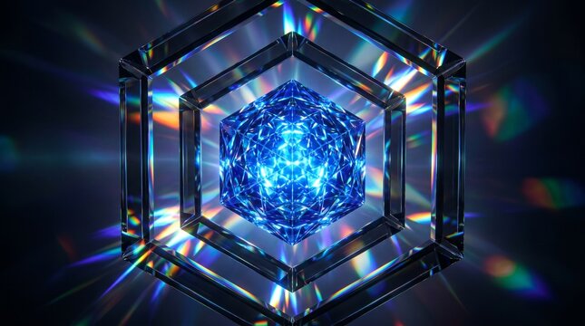 Blue Crystal Inside Hexagonal Prism with Colorful Light Refractions