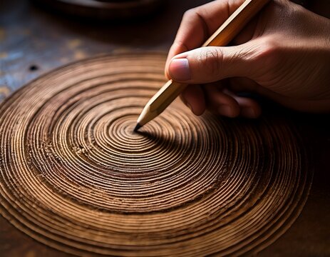 close up of a hand drawing concentric circles with a wooden pencil on a dark dusty surface conveying focused concentration and calm