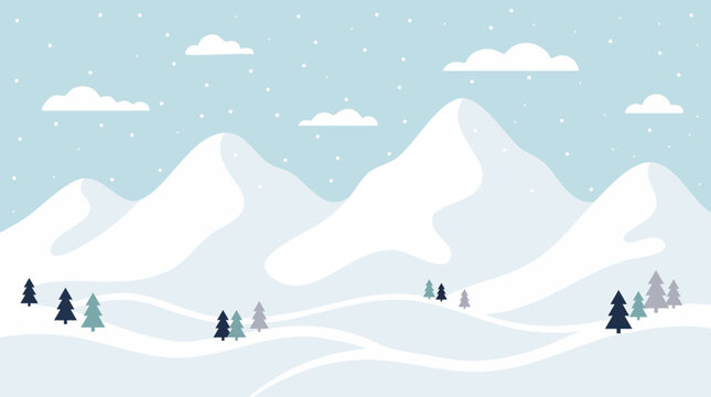 Winter mountain landscape flat vector illustration with snow and trees