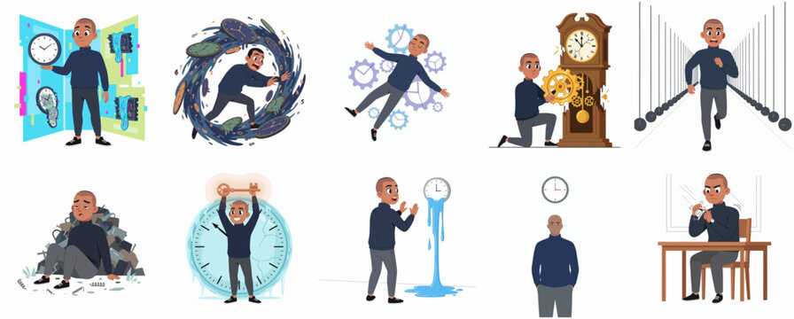 Vector illustration set of a man experiencing various time management concepts and stress