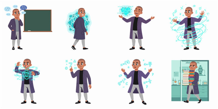 Cartoon young scientist or student character set with mathematics and science concepts in laboratory and classroom