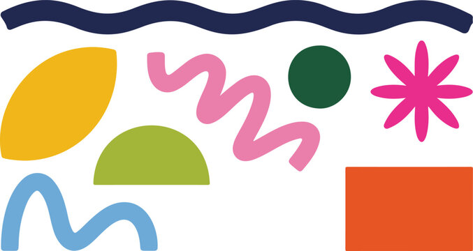 Contemporary flat design artwork with yellow oval green semicircle pink star shapes and flowing curved lines in minimalist abstract style