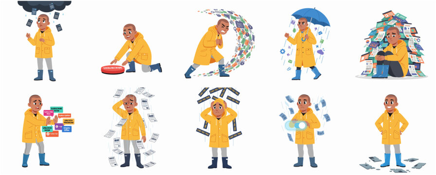 Concept Illustration of a Man Managing Subscription Fatigue, Information Overload, and Digital Stress