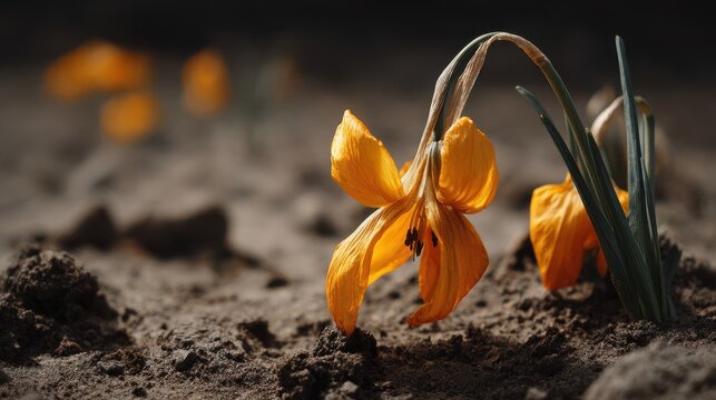 A wilting orange flower with drooping petals in dry soil