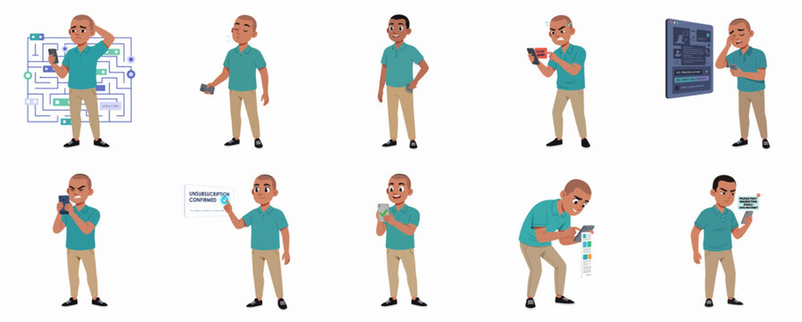 Set of flat vector illustrations of a man struggling with dark patterns, spam emails, and complex unsubscription processes on his smartphone