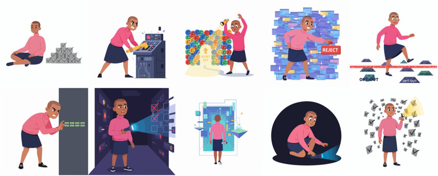 Cartoon character woman navigating complex data privacy settings digital tracking and user consent systems