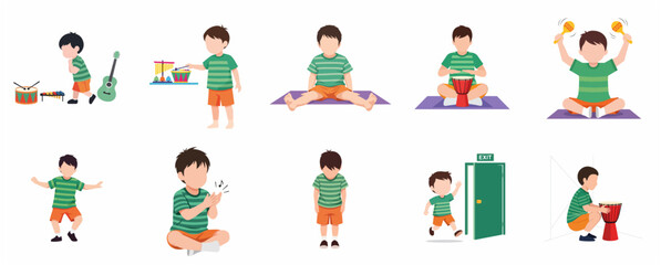 Fototapeta premium Vector illustration of a little boy character set in various poses playing musical instruments, dancing, and clapping for early childhood development