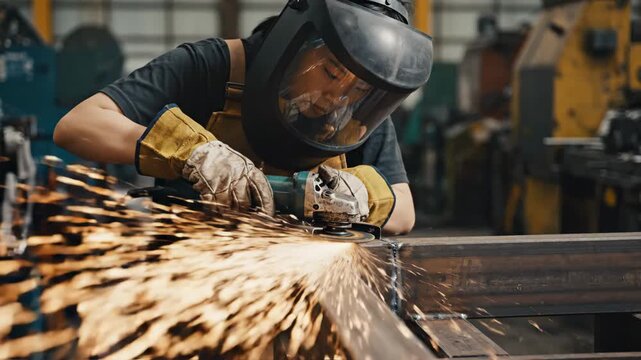 A focused female industrial worker wearing a face shield and gloves grinds metal, creating bright sparks in a manufacturing plant. Emphasizes safety and precision in heavy industry.