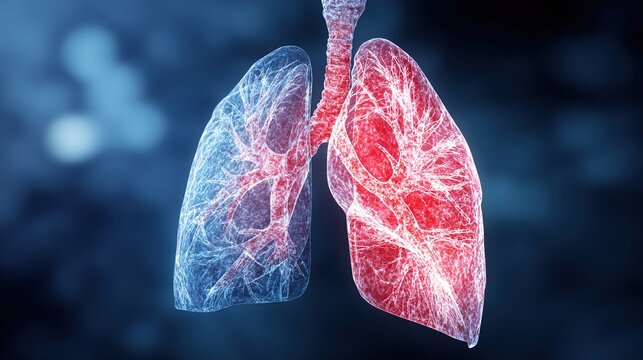 Lung Fibrosis medical 3D illustration showing progressive scarring of lung tissue, interstitial pulmonary fibrosis respiratory disease, damaged alveoli and breathing dysfunction, 