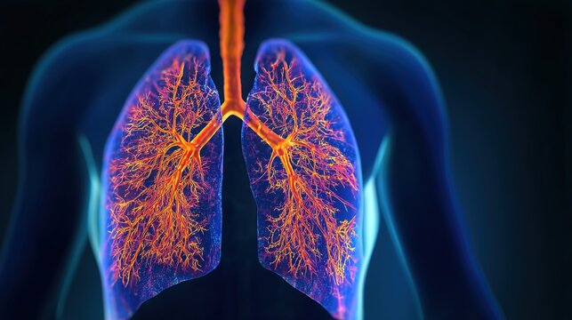 Lung Fibrosis medical 3D illustration showing progressive scarring of lung tissue, interstitial pulmonary fibrosis respiratory disease, damaged alveoli and breathing dysfunction, 