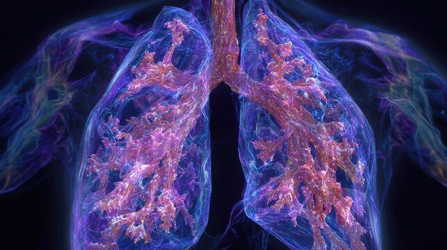 Lung Fibrosis medical 3D illustration showing progressive scarring of lung tissue, interstitial pulmonary fibrosis respiratory disease, damaged alveoli and breathing dysfunction, 