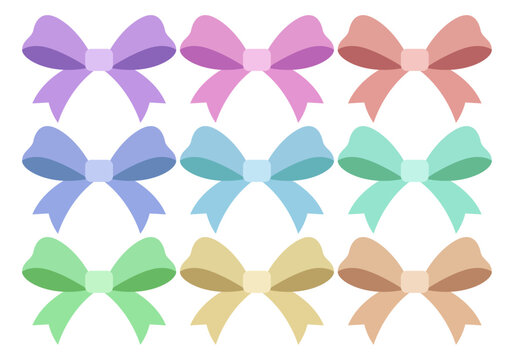 Conjunto de nueve lazos decorativos en tonos pastel organizados en filas