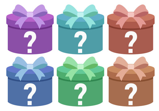 
Conjunto de iconos de cajas de regalo sorpresa cil&iacute;ndricas de diferentes colores con un signo de interrogaci&oacute;n blanco en el centro