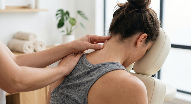 Faceless physiotherapist massaging neck of patient in portable massage chair
