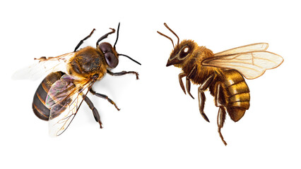 Fototapeta premium honey bees in flight detailed photograph against black background