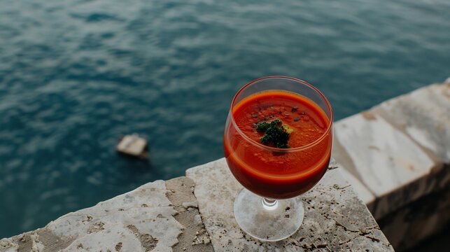 Glass of vibrant red soup garnished with herbs, overlooking a tranquil blue sea