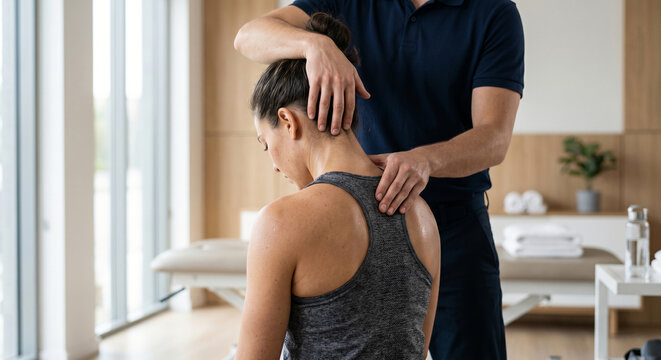 Faceless physiotherapist stretching neck of female patient in bright clinic