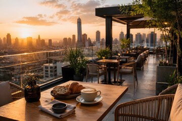 Fototapeta premium rooftop café with skyline city view, coffee and bread on table, sunset golden hour, luxury lifestyle mood