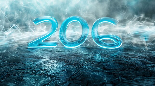 Glowing blue numerals "206" hover over a textured dark surface with atmospheric effects