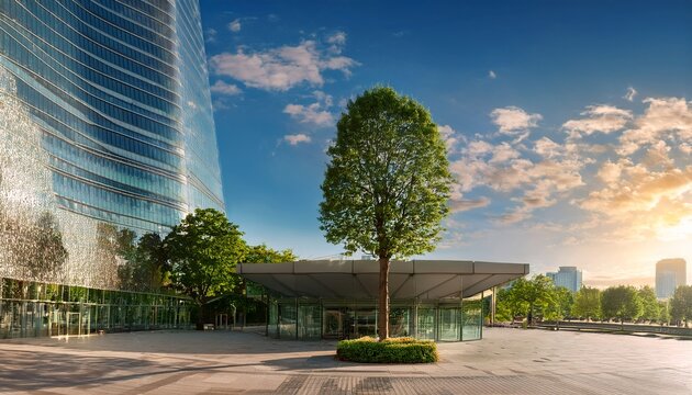 serene sunlit city plaza with a large green tree beside a glass office tower and low pavilion with warm interior lighting under blue sky and fluffy clouds