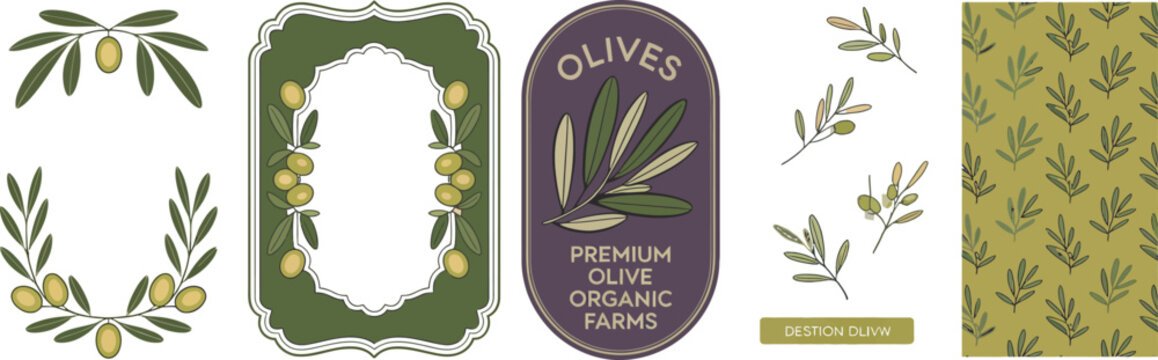 Olives, Mediterranean Italian and French olive illustration set for olive oil labels packaging logos seamless patterns cards and vintage posters.
