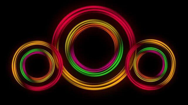 Neon circles abstract motion graphics for video overlay, 4K seamless loop vibrant vortex and glowing rings background animation.