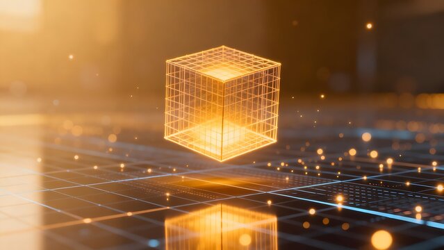 Glowing wireframe cube on grid surface