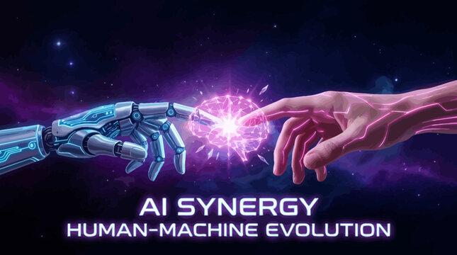 Robot and human hand touching with glowing connection in space for AI and technology concepts