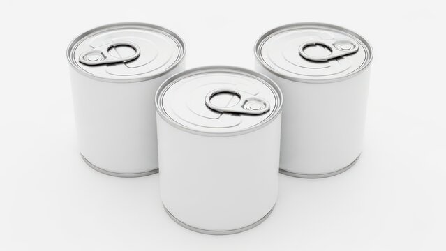 Three blank metal food cans with pull tab lids on a white background