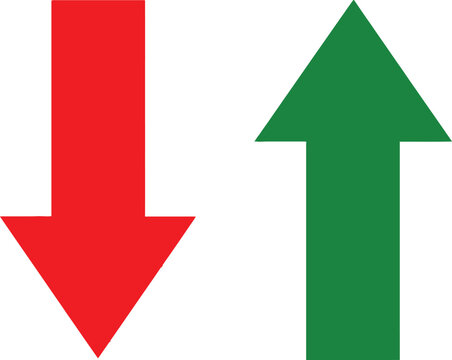 Red arrow pointing down and green arrow pointing up representing opposite directions and financial market trends Vector