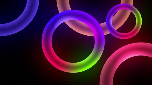 Epic glowing 3D torus shapes motion graphics, 4K futuristic neon rings rotating on black background seamless loop animation.