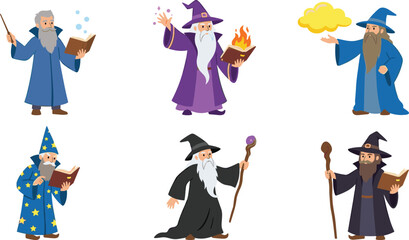 Obraz premium Wizard Character Collection with Wands Magic Staffs Casting Spells and Holding Books for Fantasy, Magic, Storytelling, Children, Gaming, and Cartoon Vector Designs.