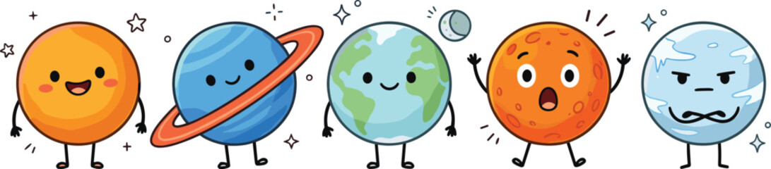 Cute Cartoon Solar System Collection with Sun Saturn Earth Moon Mars and Neptune for Children, Astronomy, Space Education, Science, and Fun Learning Vector Illustrations. © Miss