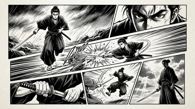 Manga Samurai Action Comic Panels Black White Artwork