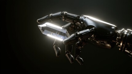 Fototapeta premium A metallic robotic arm delicately holds a crystal, illuminated in a dark, atmospheric setting. ..Created with Generative AI, not depicting real subjects.