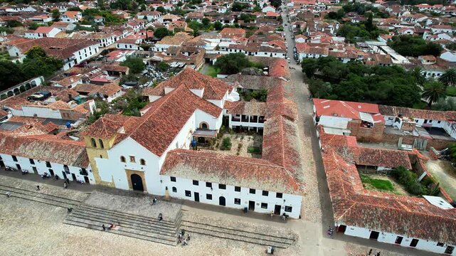 Aerial View of the Historic Church of Our Lady of the Rosary in Villa de Leyva Plaza
