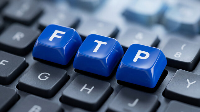 FTP File Transfer, Blue Keyboard Keys Spelling FTP Representing File Transfer Protocol Technology Network Data Sharing and Internet Server Connection Concept
