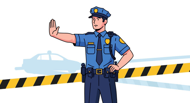 Cartoon police officer directing traffic with caution tape background