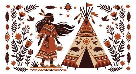 native american woman and teepee illustration with floral ornaments © farhan