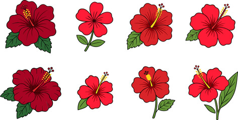 Red Hibiscus Flower Vector Illustration Collection with Tropical Floral Blossom Designs and Botanical Elements Isolated on White Background for Nature Themes. © Saidi