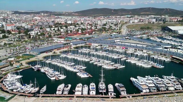 Istanbul Viaport Marina, Vessels and luxury boats docked at marina zoom-in
