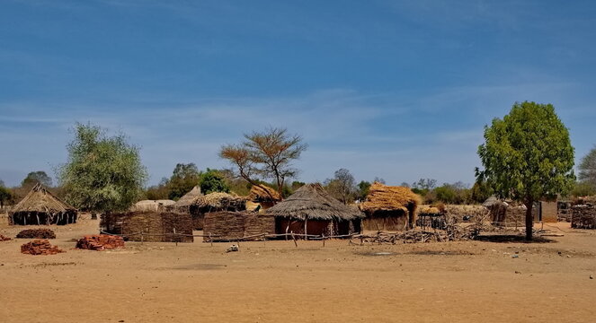Mongo, Chad, February 26, 2026.  Panorama of an African village with cone-shaped huts built of baked clay bricks, with roofs made of reeds and tree branches.