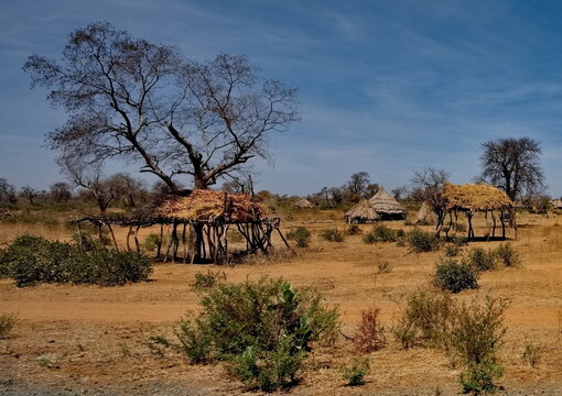 Mongo, Chad, February 26, 2026.  Panorama of an African village with cone-shaped huts built of baked clay bricks, with roofs made of reeds and tree branches.