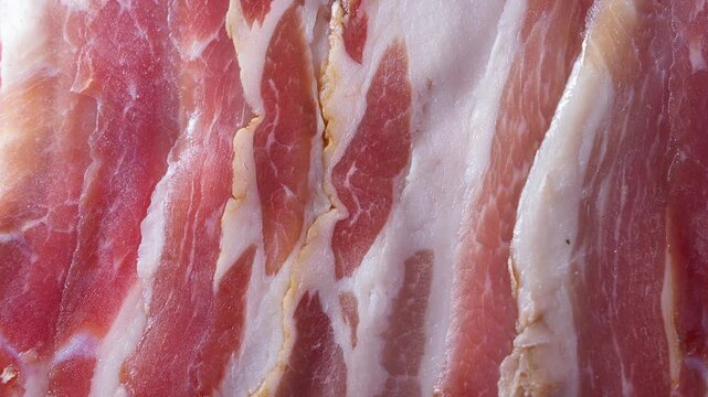 Raw bacon strips close up macro showing fat and meat marbling texture. 