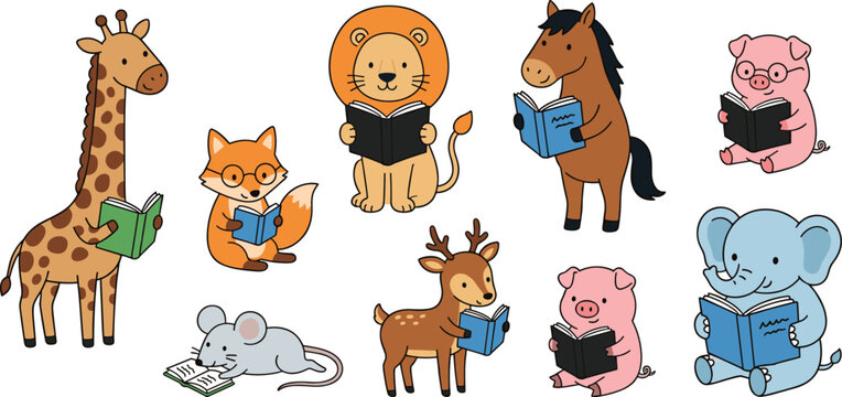 Cute Animal Reading Collection with Giraffe Fox Lion Horse Pig Mouse Deer and Elephant for Children, Storytime, Education, Literacy, and Learning Vector Illustrations.