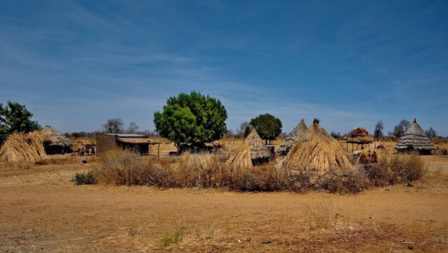 Mongo, Chad, February 26, 2026.  Panorama of an African village with cone-shaped huts built of baked clay bricks, with roofs made of reeds and tree branches.