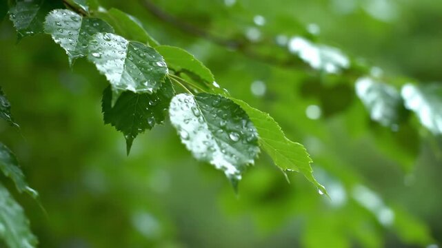 Close-up of Rain Droplets on Green Leaf in Nature Scene.