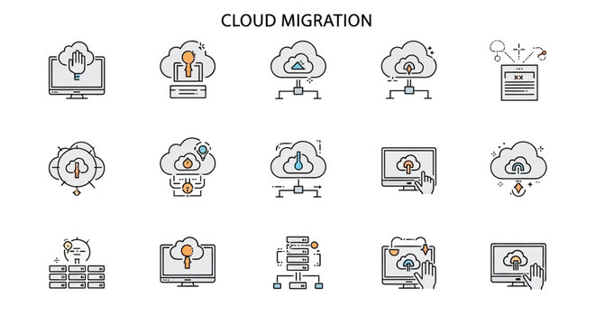 Cloud migration icons on white background.