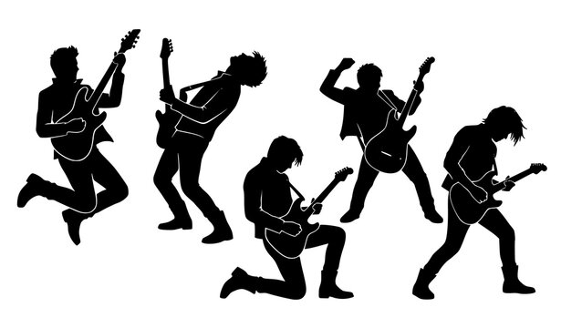 Dynamic Electric Guitar Player Silhouettes Performing Rock Concert Stage Poses Vector Illustration on White Background