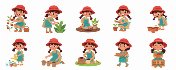Fototapeta premium Cartoon Little Girl Character Gardening Activity Set: Planting, Watering, Harvesting Vegetables, and Caring for Nature